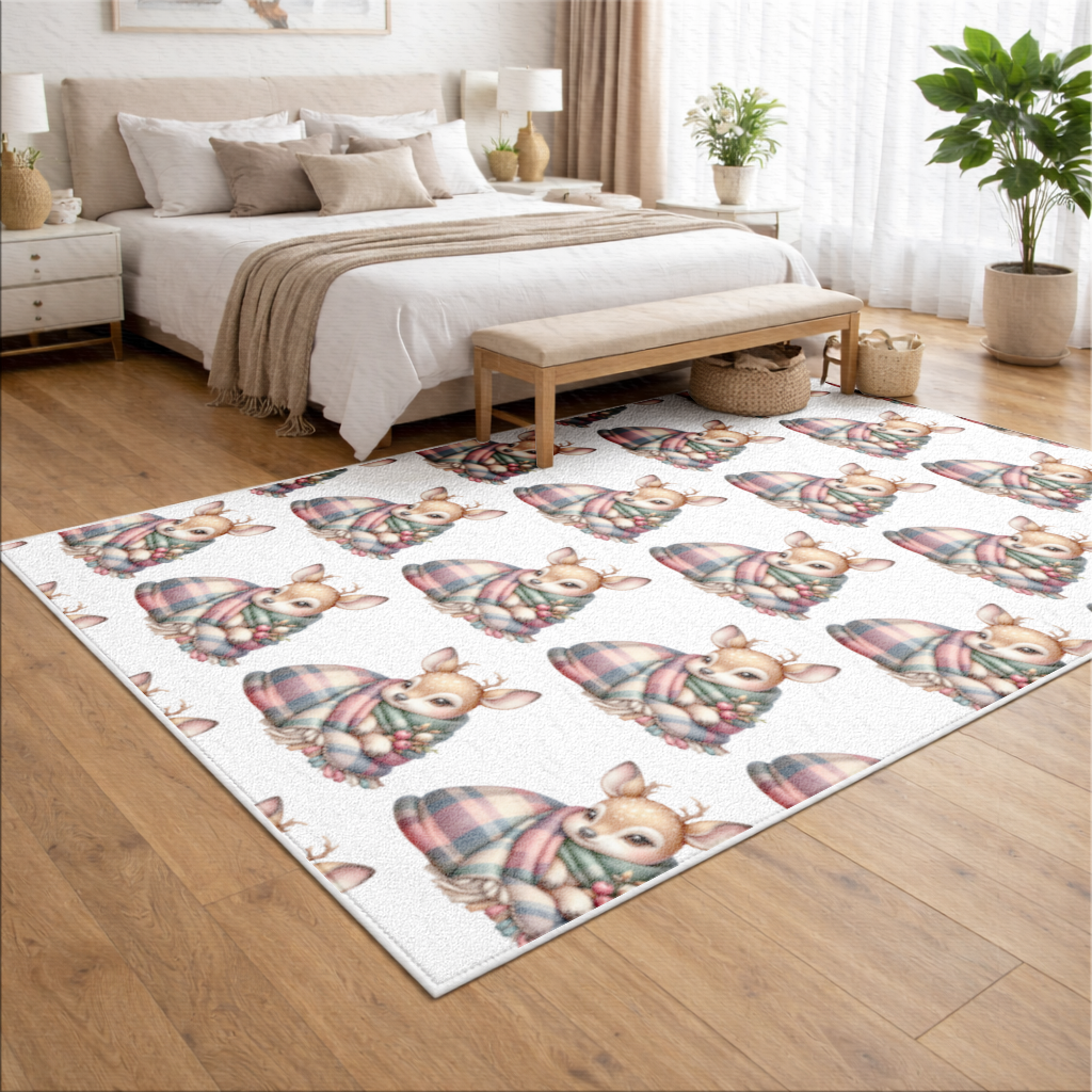 Kawaii Baby Deer with Plaid Scarf Living room carpet