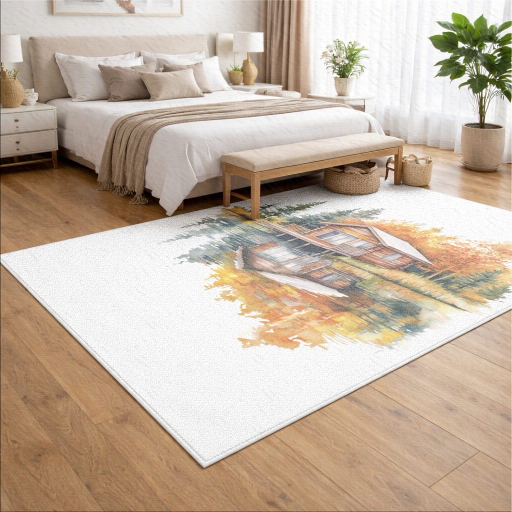 Lakeside Log Cabin Autumn Landscape Living room carpet