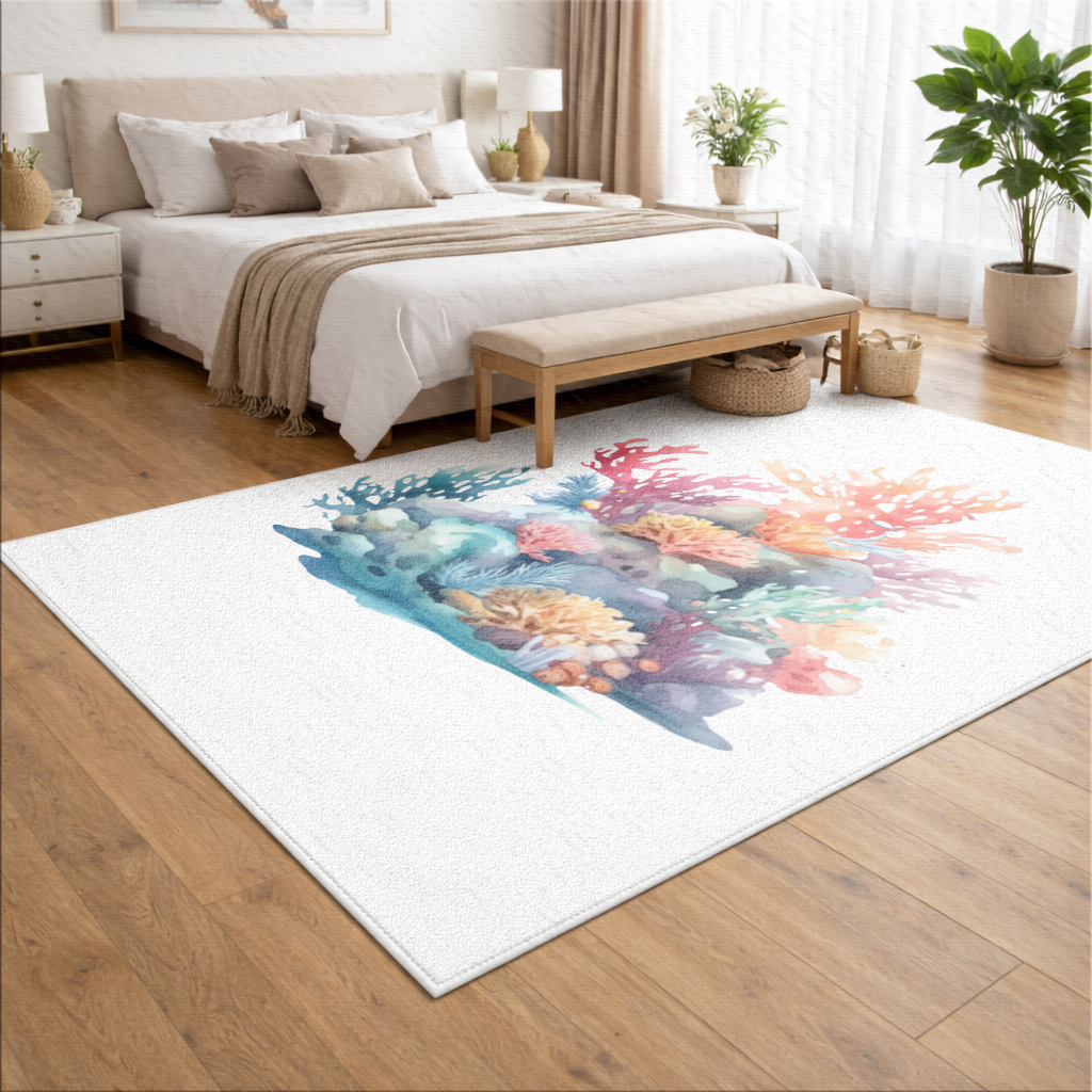 Vibrant Watercolor Coral Reef Scene Living room carpet