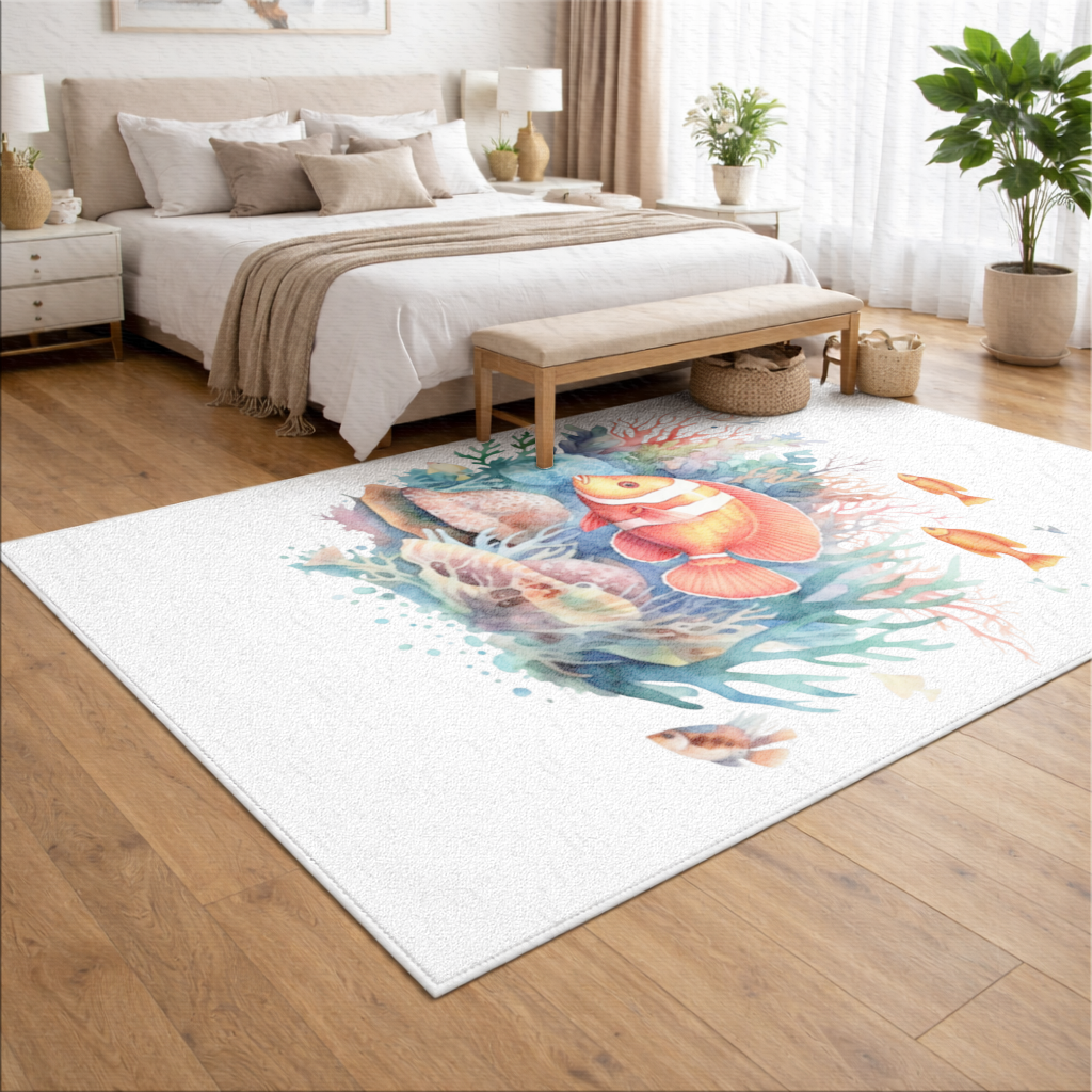 Watercolor Clownfish and Tropical Coral Reef Living room carpet