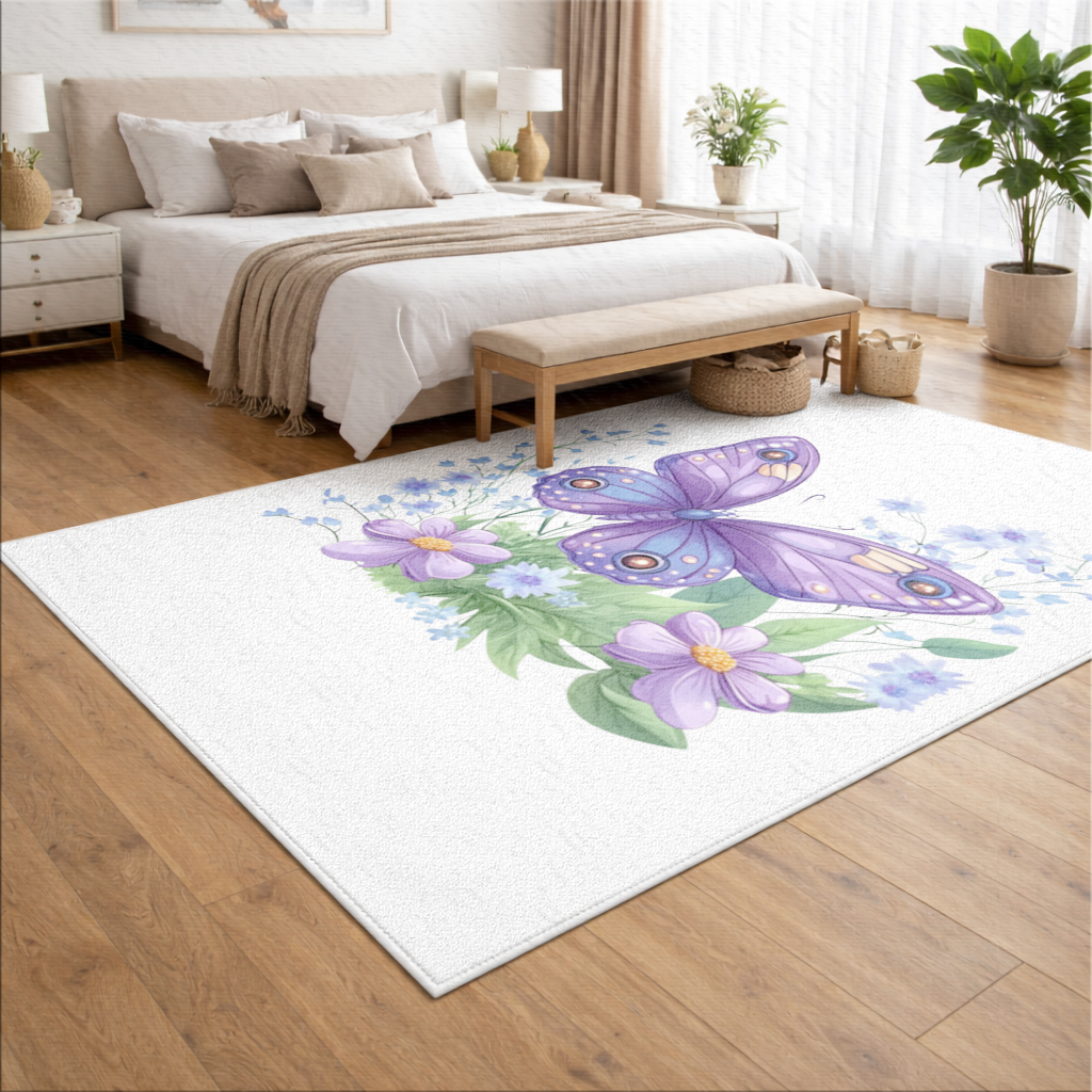 Mor Kelebek ve Mavi Kır Çiçekleri Salon Halısı