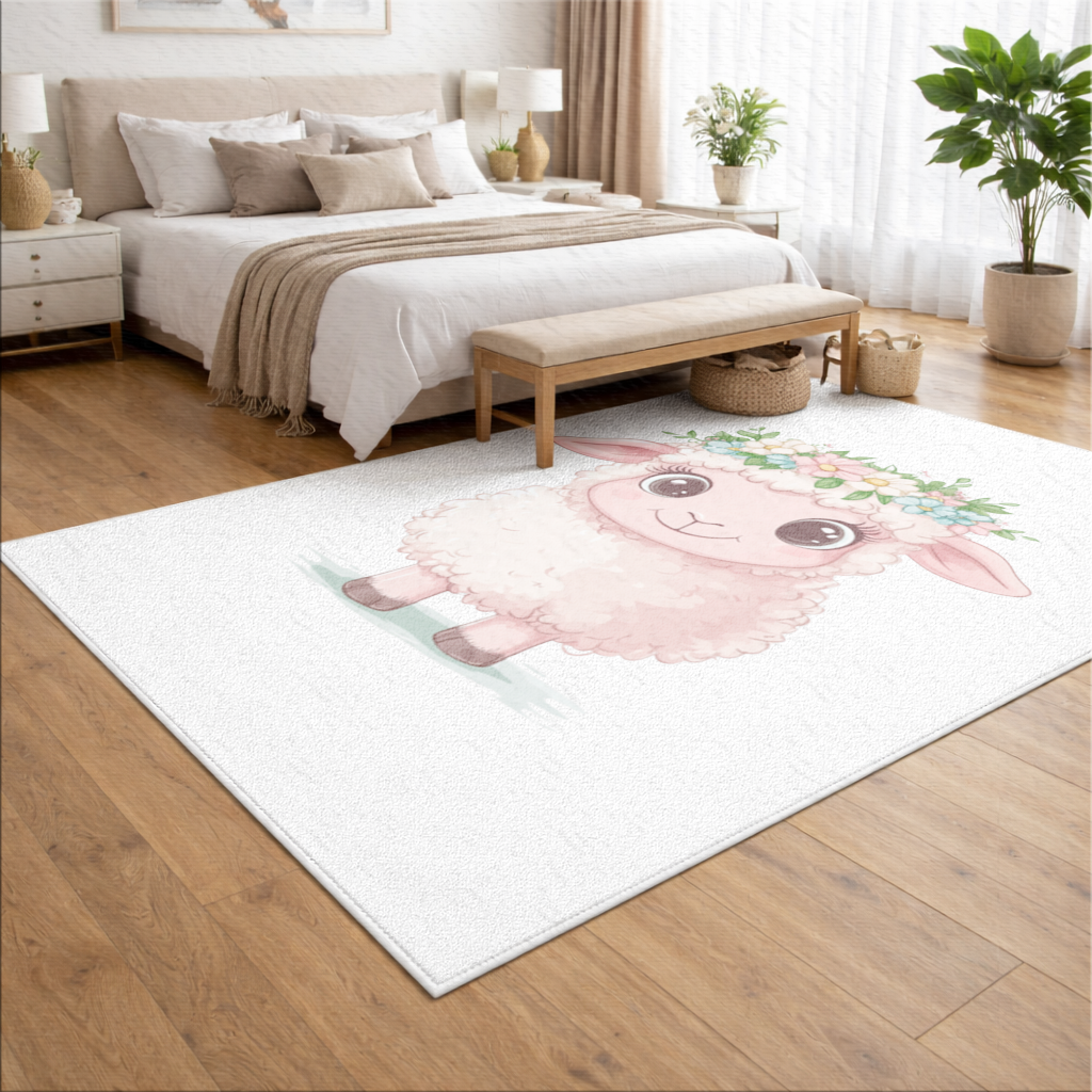 Kawaii Çiçek Taçlı Pembe Kuzu Salon Halısı