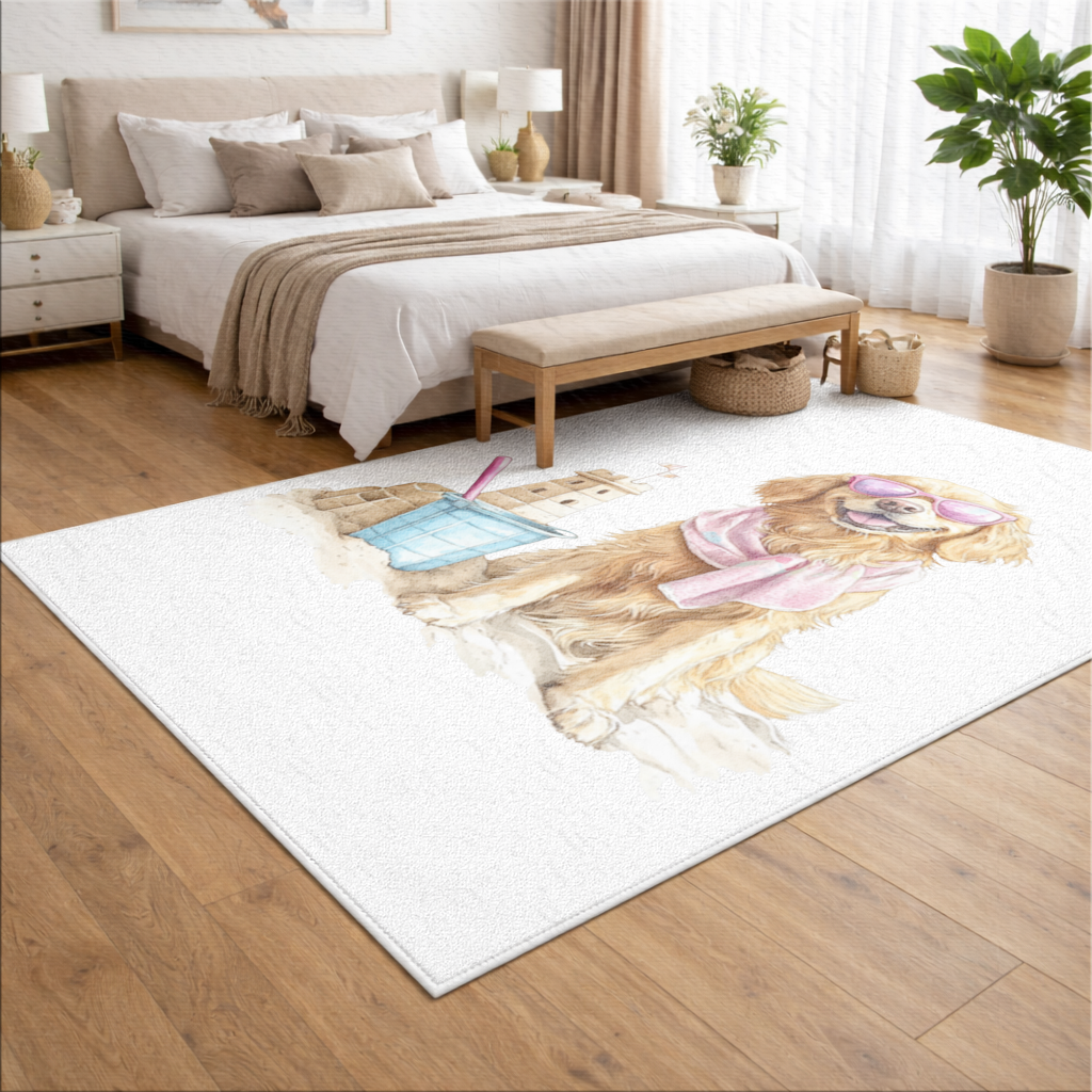 Plajda Pembe Gözlüklü Golden Retriever Salon Halısı