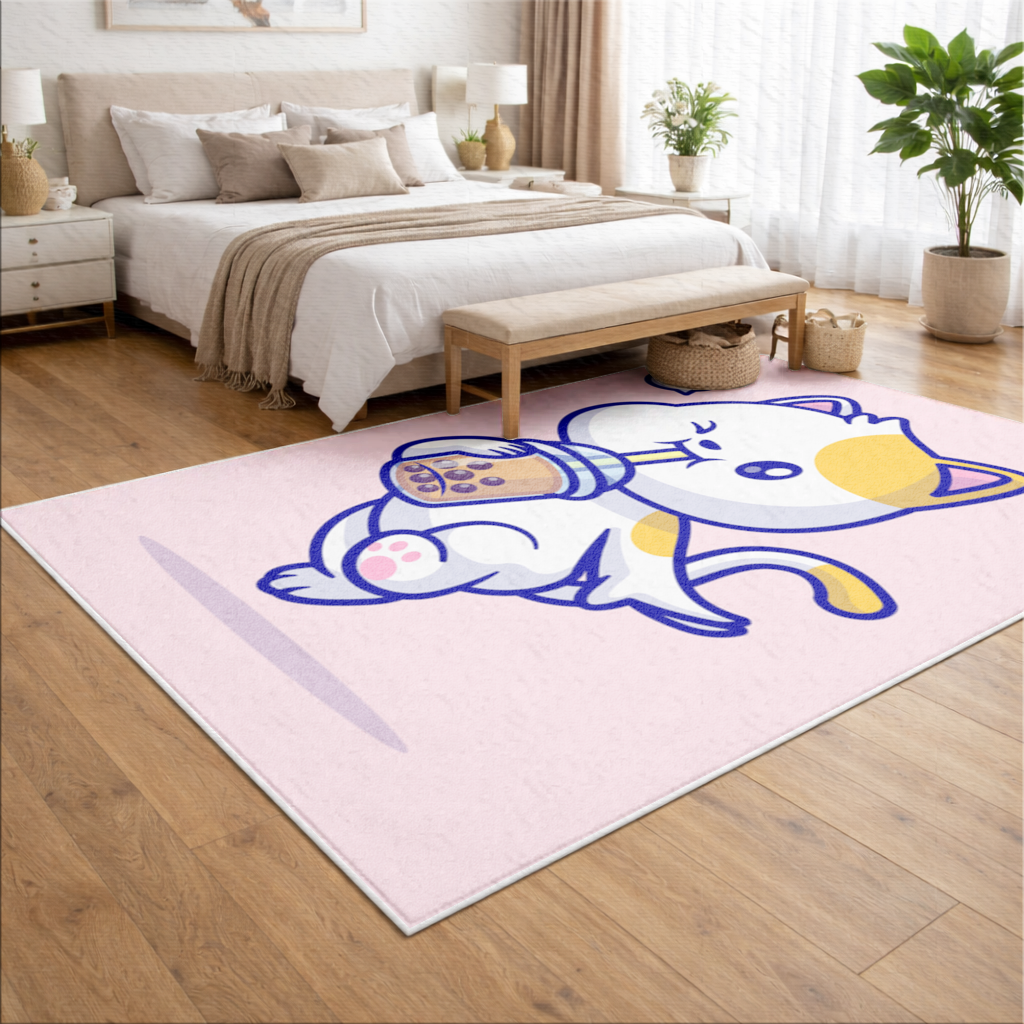 Boba Çayı İçen Kawaii Kedi Salon Halısı
