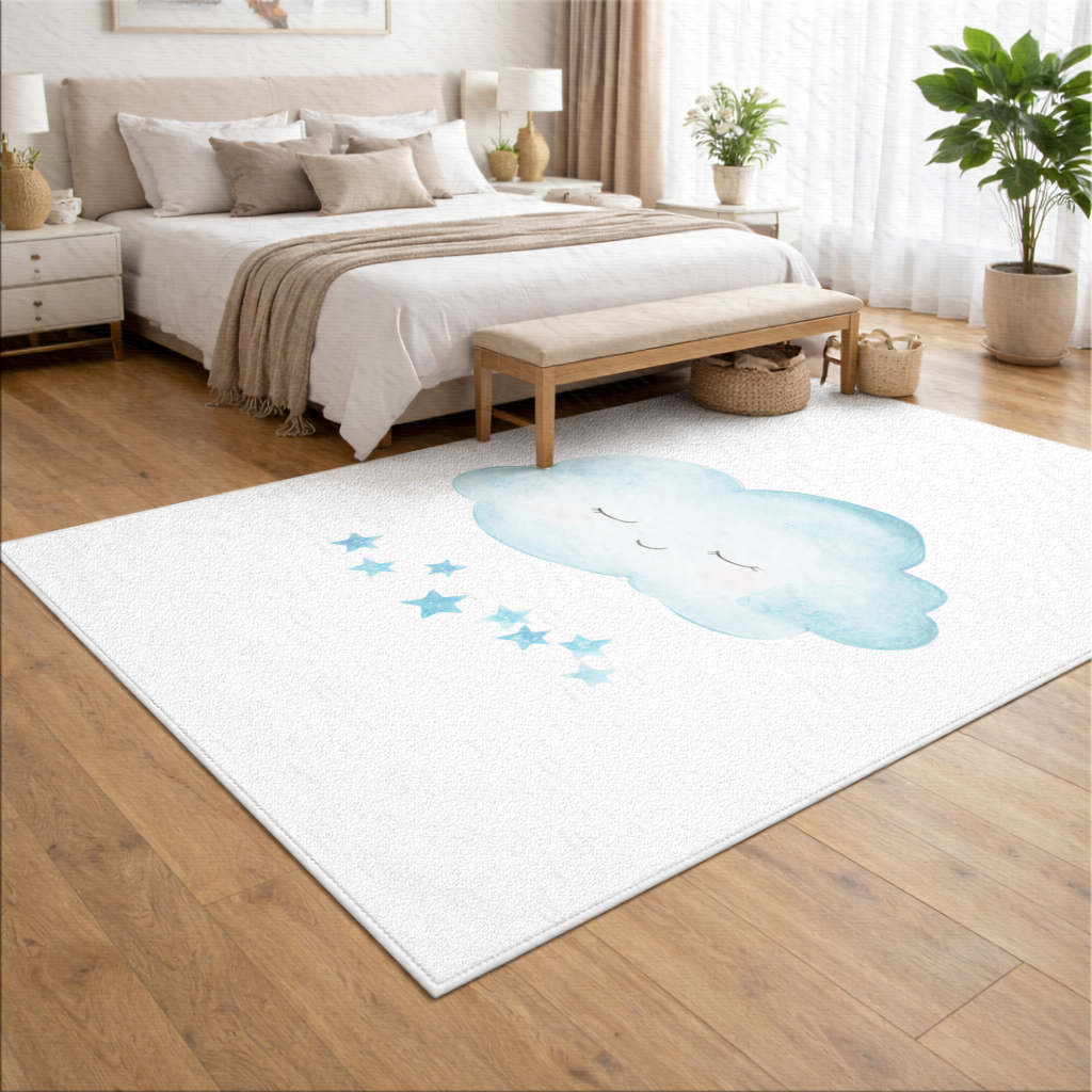 Mavi Uyuyan Bulut ve Sallanan Yıldızlar Salon Halısı