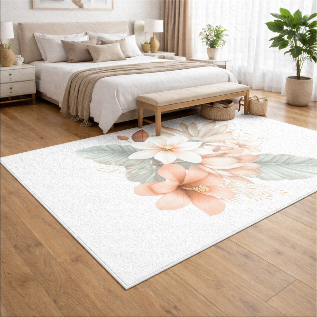 Şeftali Tonlu Tropikal Çiçek Buketi Salon Halısı