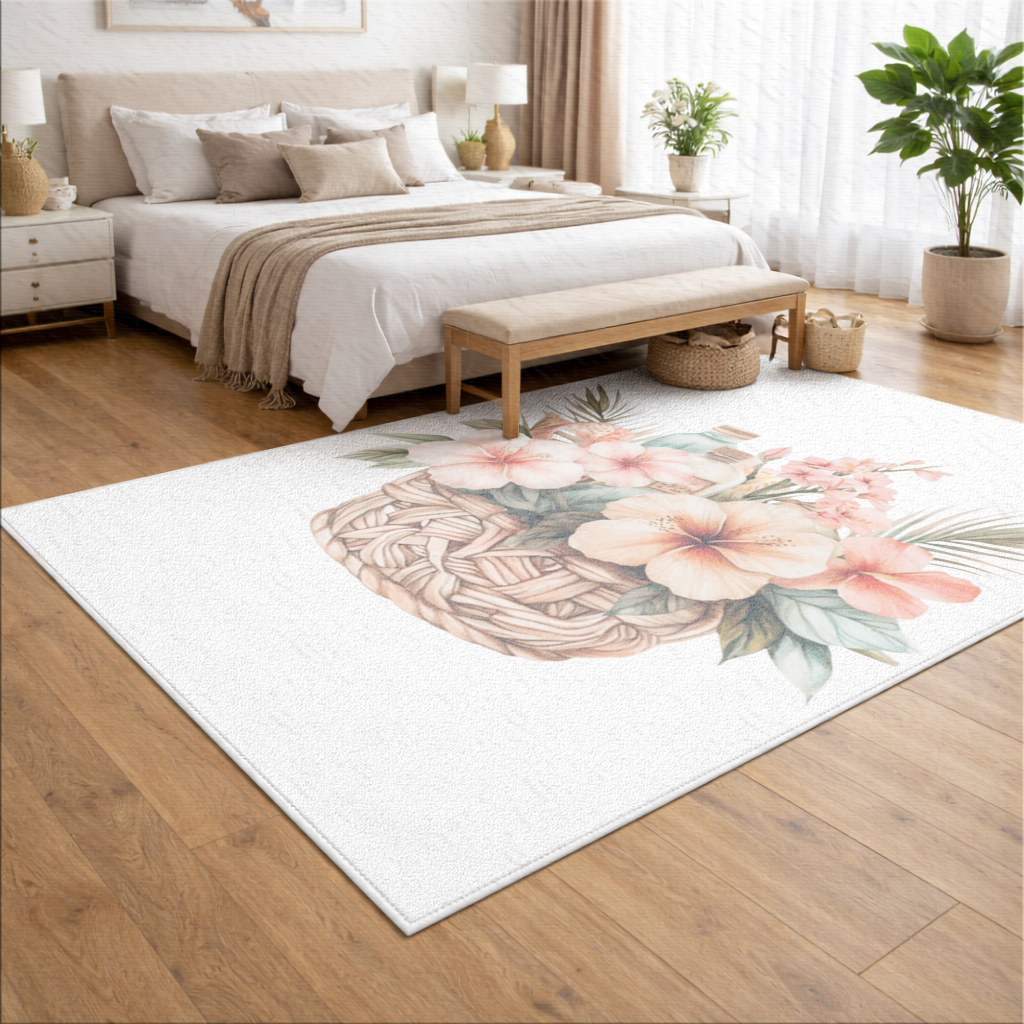 Tropikal Hibiskus Çiçekli Hasır Sepet Salon Halısı