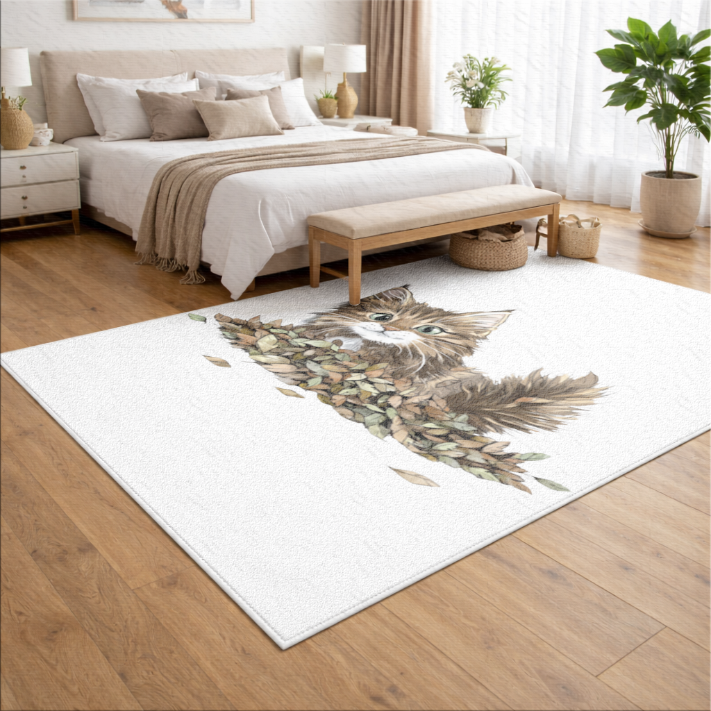 Yapraklar Arasında Sevimli Yavru Kedi Salon Halısı