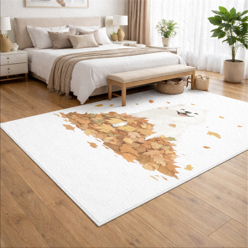 Happy White Dog in Autumn Leaves Living room carpet