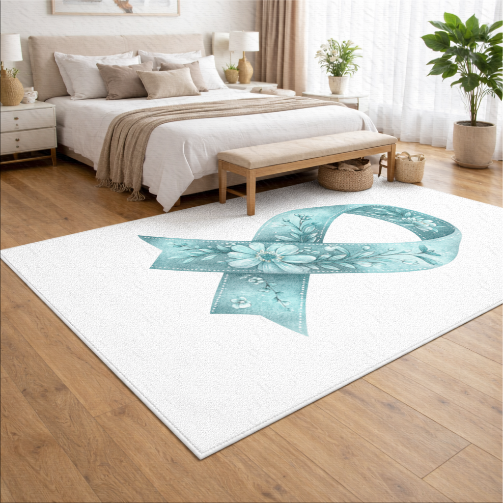 Turkuaz Çiçekli Farkındalık Kurdelesi Salon Halısı