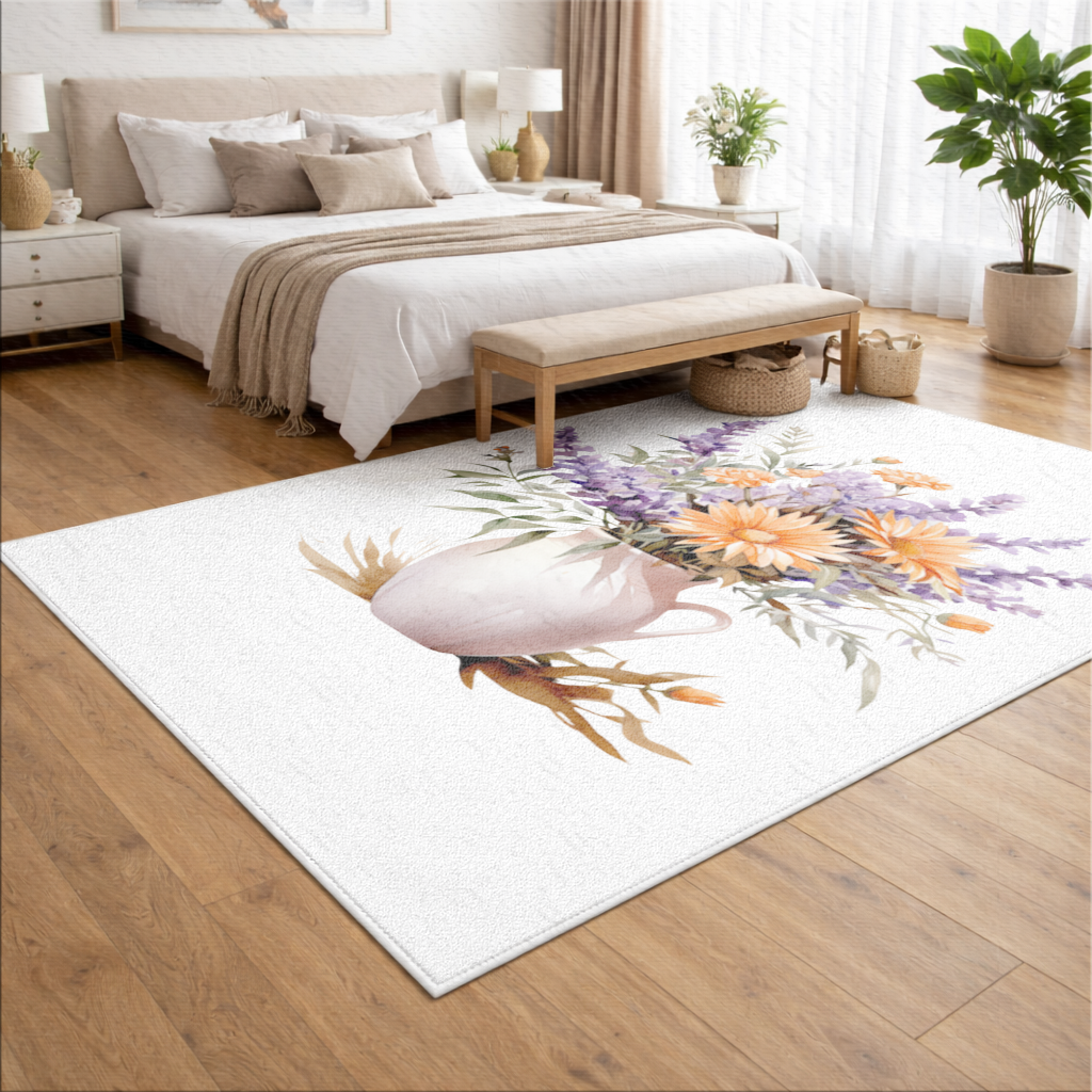 Turuncu Kır Çiçekleri ve Lavanta Salon Halısı