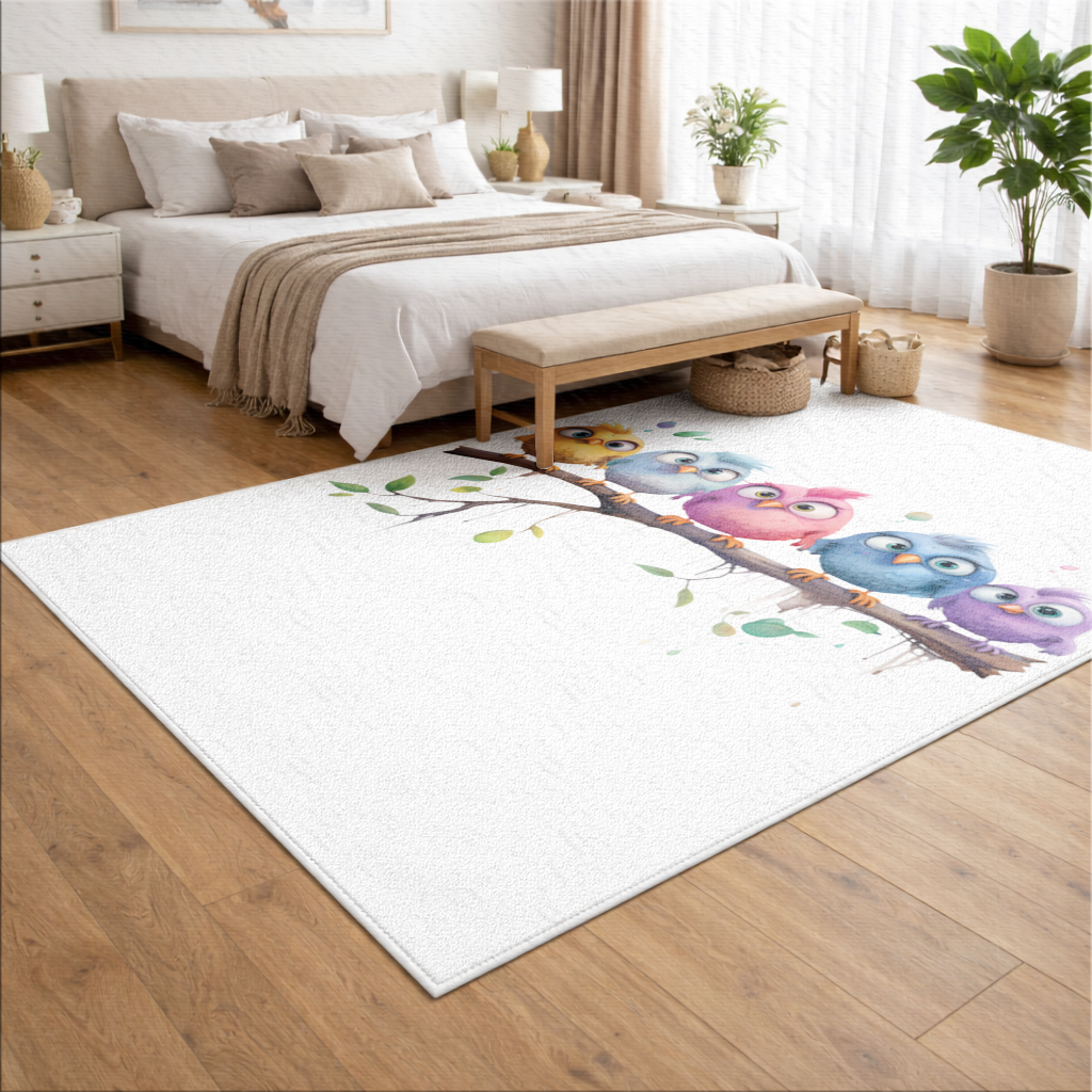 Daldaki Beş Renkli Kawaii Kuş Salon Halısı