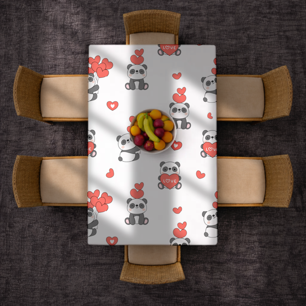 14 Şubat Sevimli Panda Kalp Desenli Aşk Tasarımı Masa Örtüsü