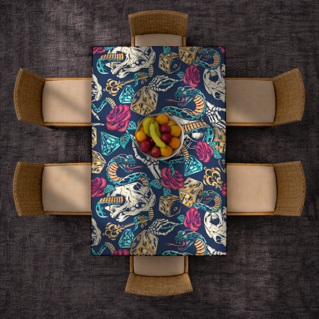 Skull Snake Dice and Roses Pattern Rectangular Tablecloth