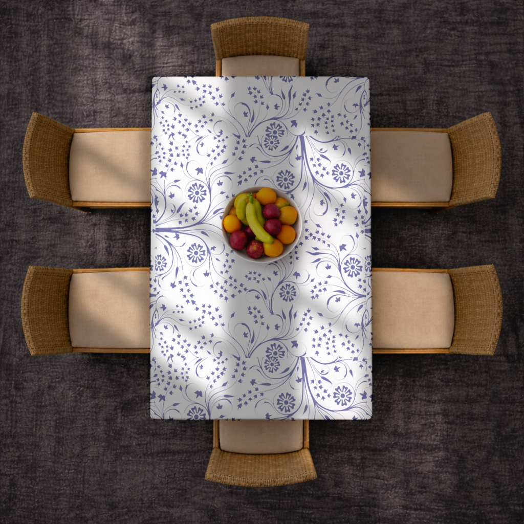 Mavi Beyaz Vintage Çiçek Deseni Masa Örtüsü