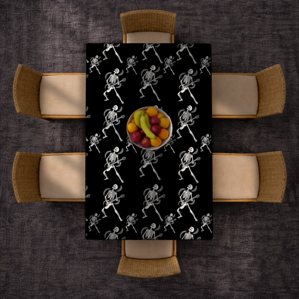 Rock Guitar Playing Skeleton Pattern on Black Rectangular Tablecloth