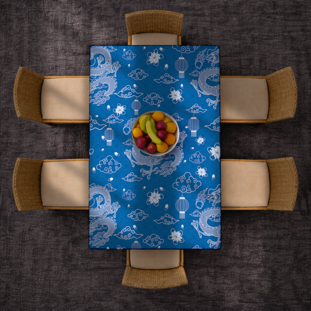 Traditional Dragon Pattern on Blue Background Rectangular Tablecloth