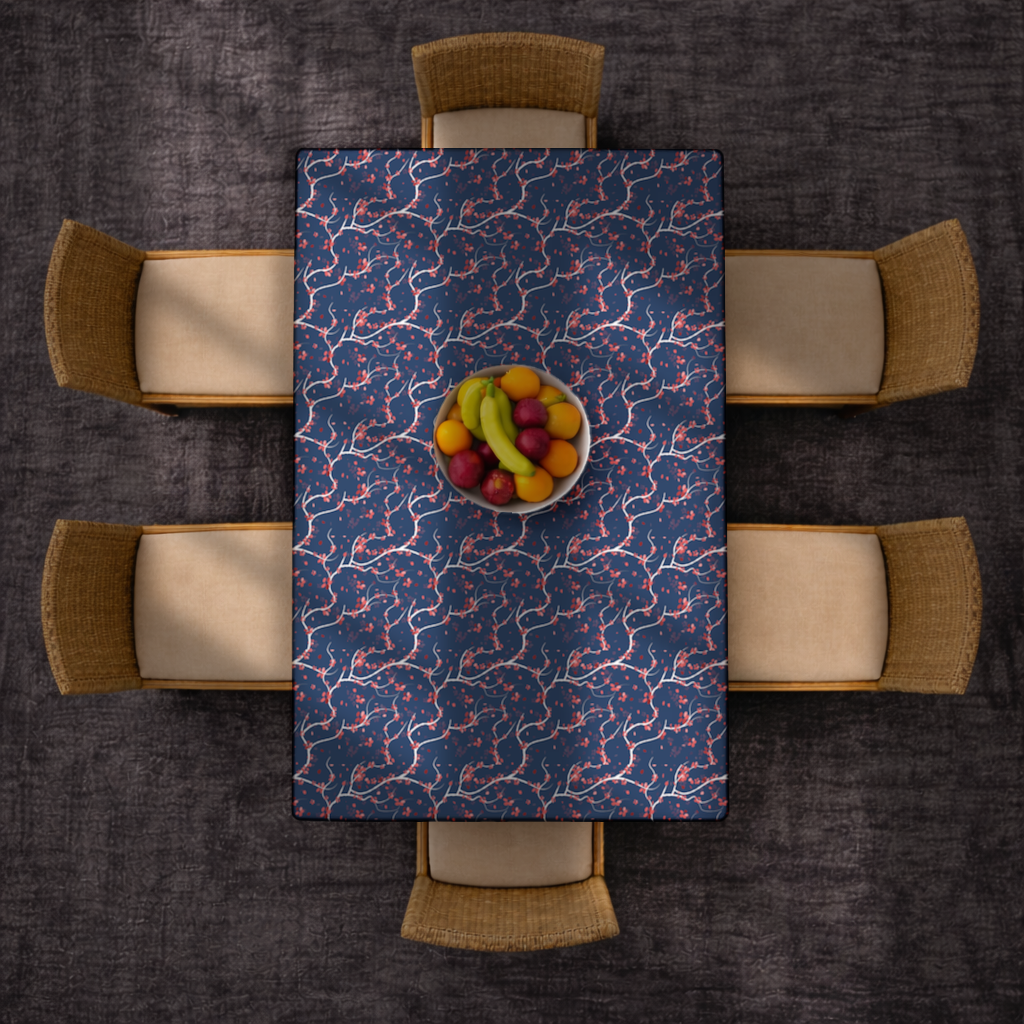 Red Floral Branch Pattern on Navy Background Rectangular Tablecloth