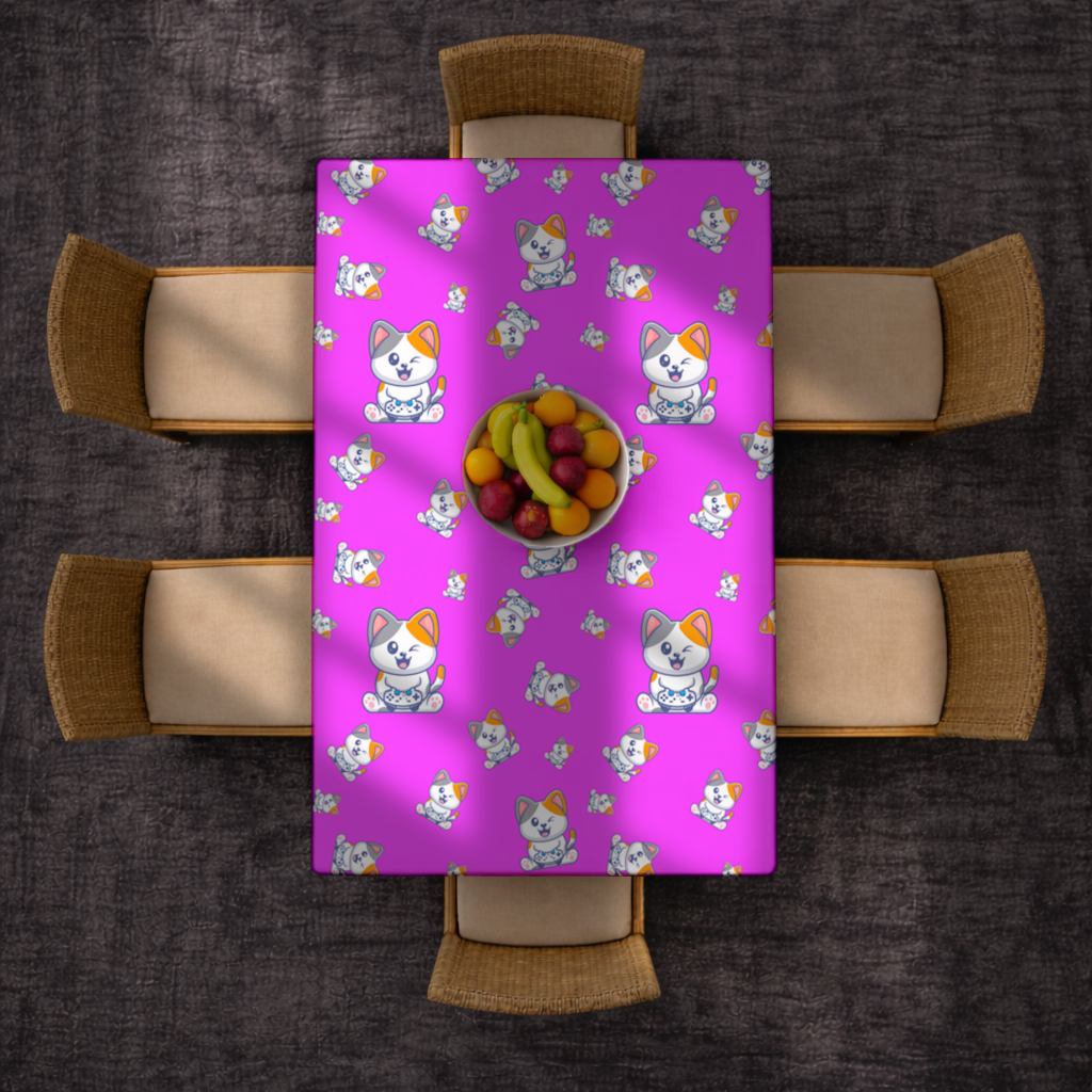 Pembe Zemin Üzerinde Sevimli Çizgi Kedi Deseni Masa Örtüsü