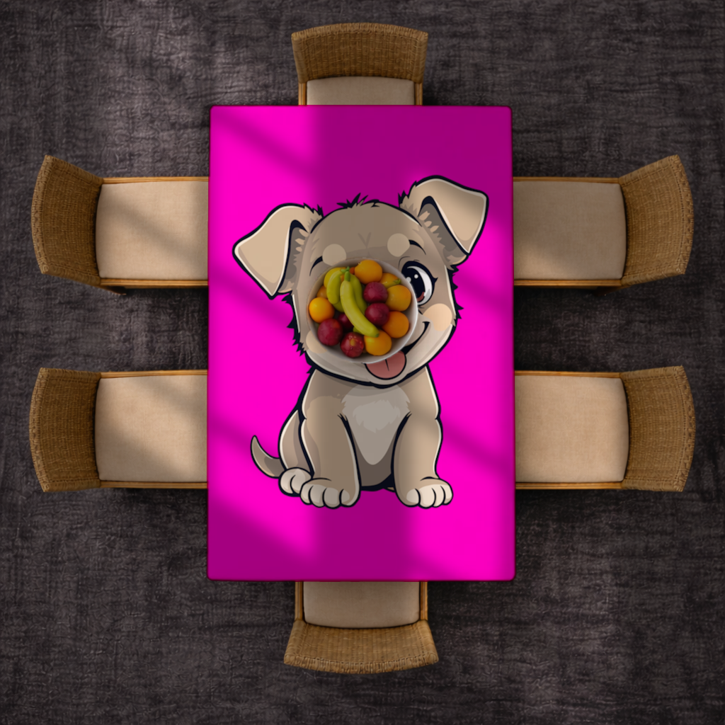 Pembe Arka Planlı Sevimli Köpek Çizimi Masa Örtüsü