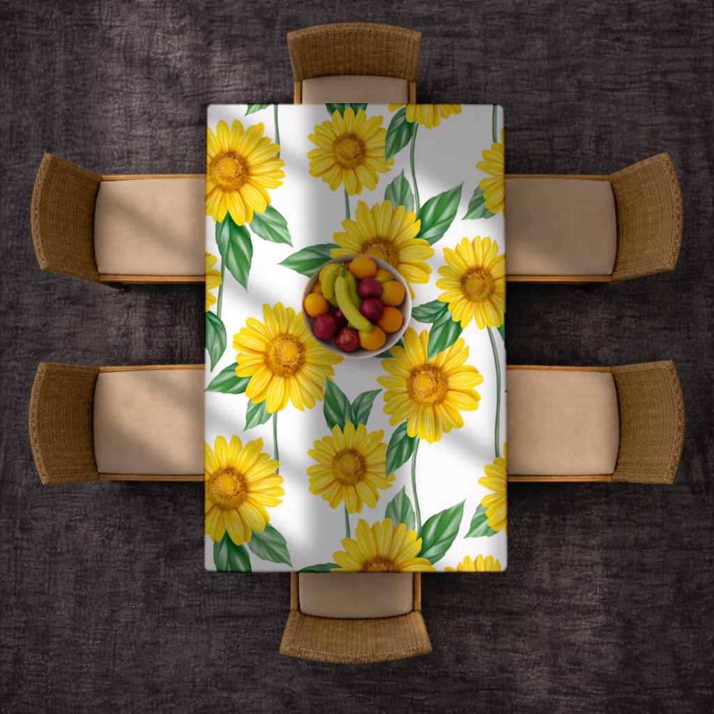 Canlı Sarı Ayçiçeği ve Yeşil Yaprak Desenli İllüstrasyon Masa Örtüsü