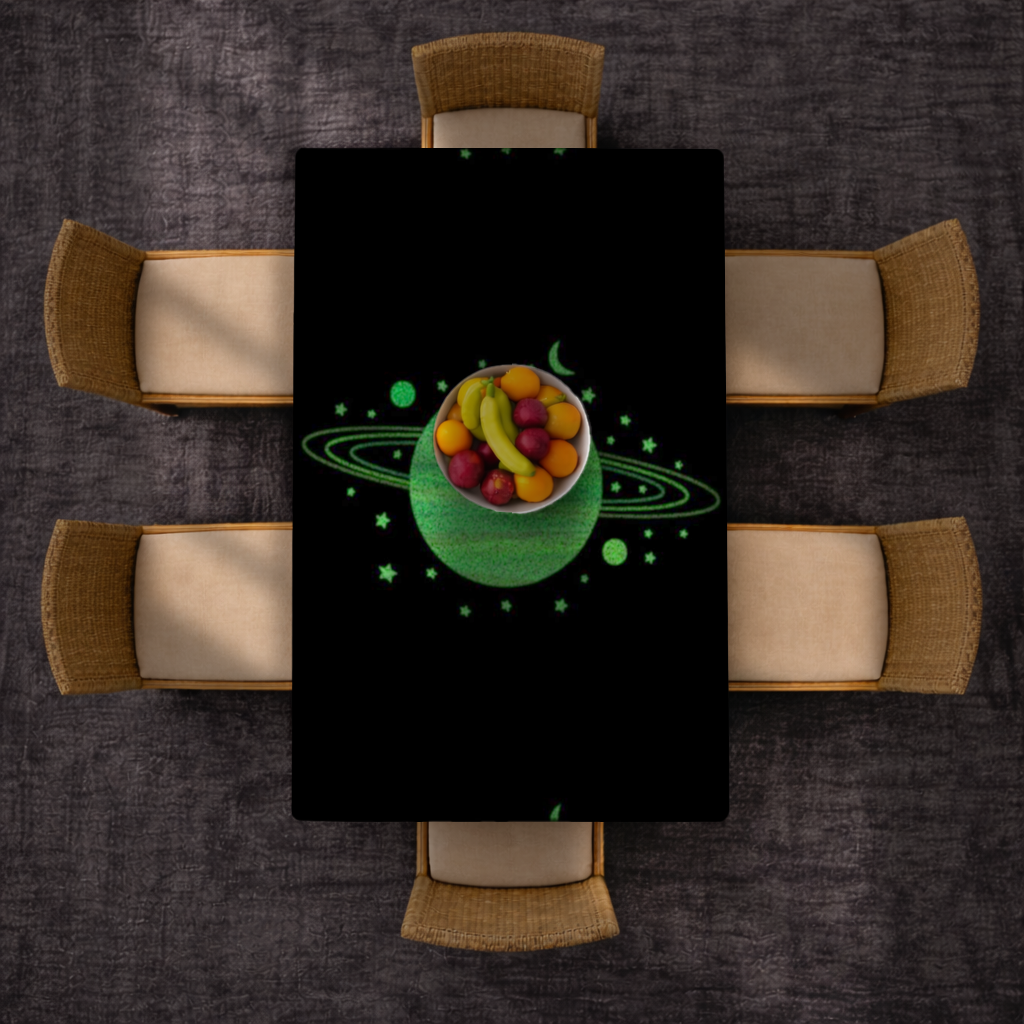 Green planets on a black background. Rectangular Tablecloth
