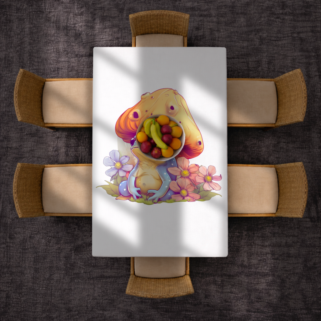 Blue Frog Resting Under Orange Mushroom Rectangular Tablecloth