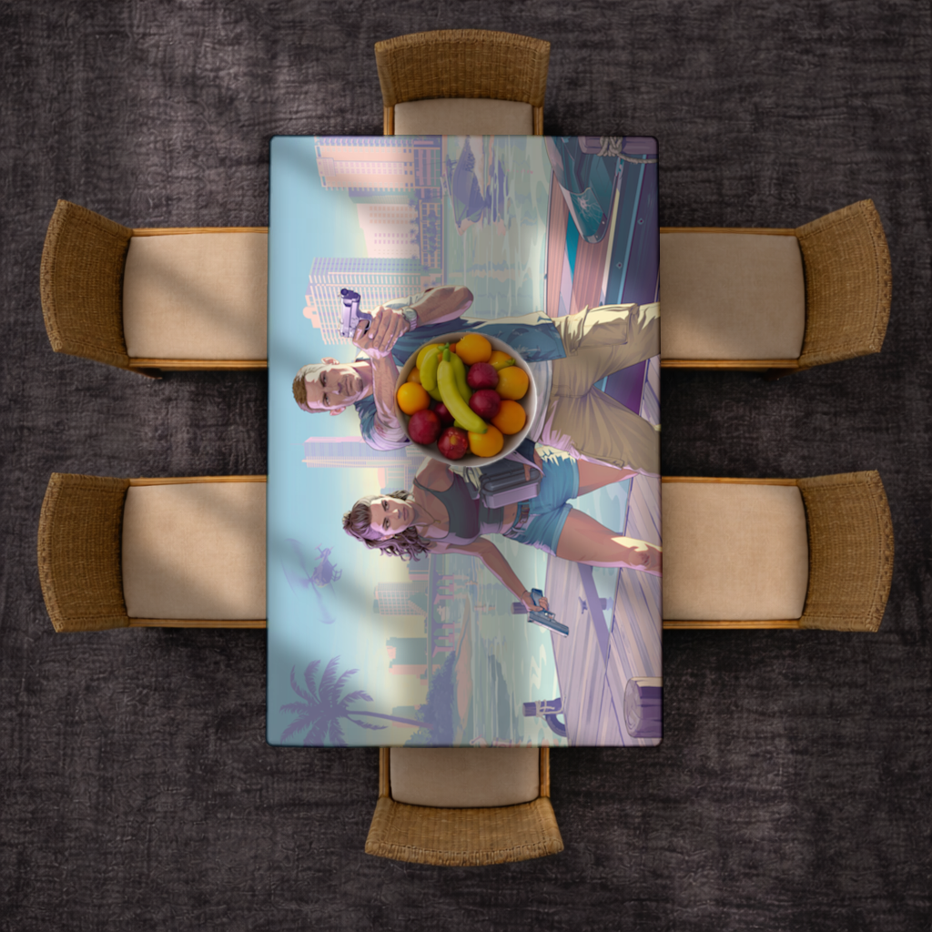 Vice City Showdown  Tropical Heist Duo Rectangular Tablecloth