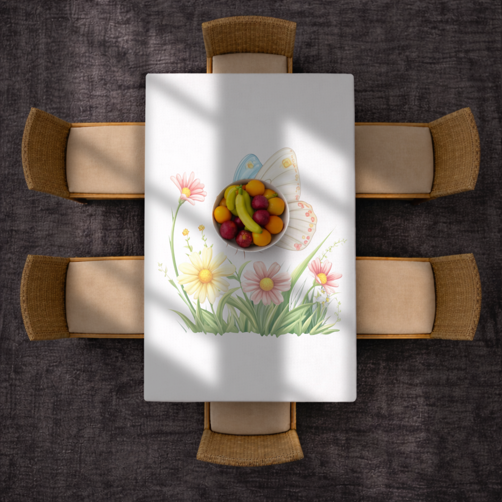 Pastel Kelebek ve Kır Çiçekleri Bahçesi Masa Örtüsü