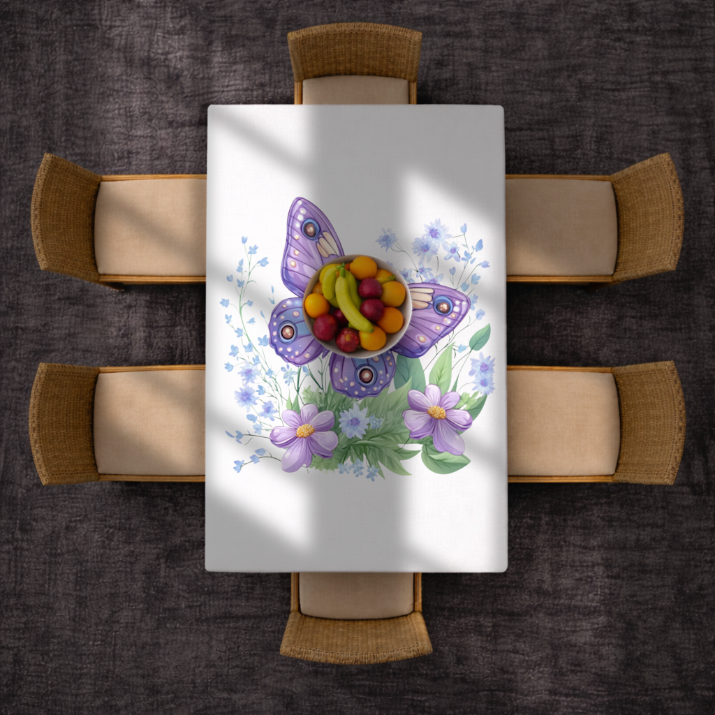 Mor Kelebek ve Mavi Kır Çiçekleri Masa Örtüsü