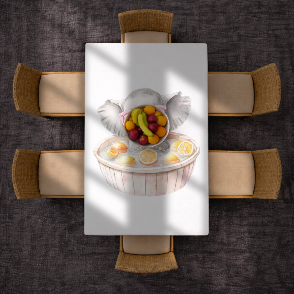 Pembe Gözlüklü Bebek Fil ve Narenciye Banyosu Masa Örtüsü