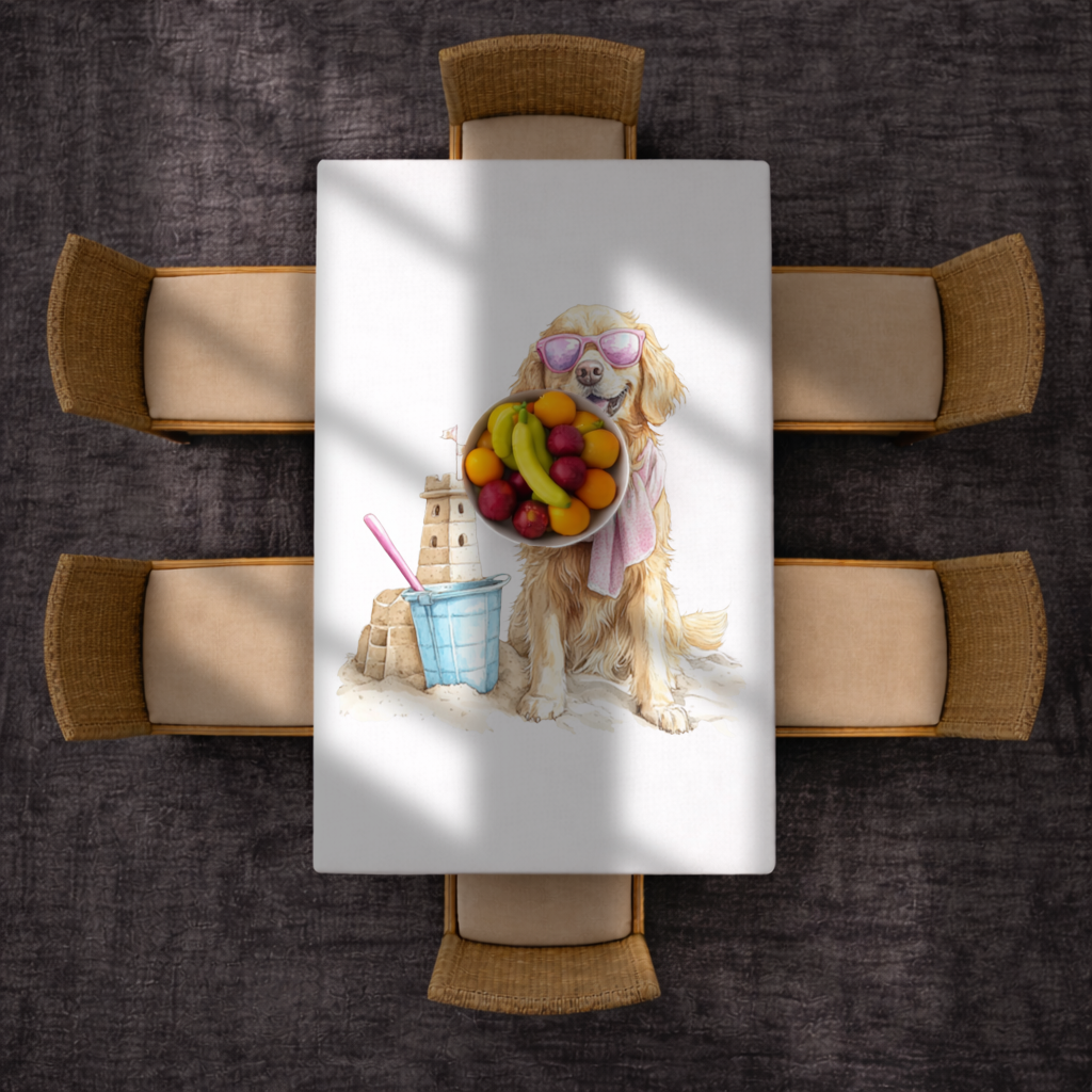 Plajda Pembe Gözlüklü Golden Retriever Masa Örtüsü