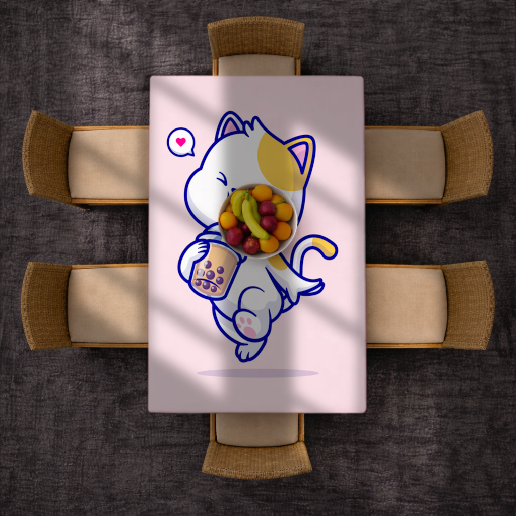 Boba Çayı İçen Kawaii Kedi Masa Örtüsü