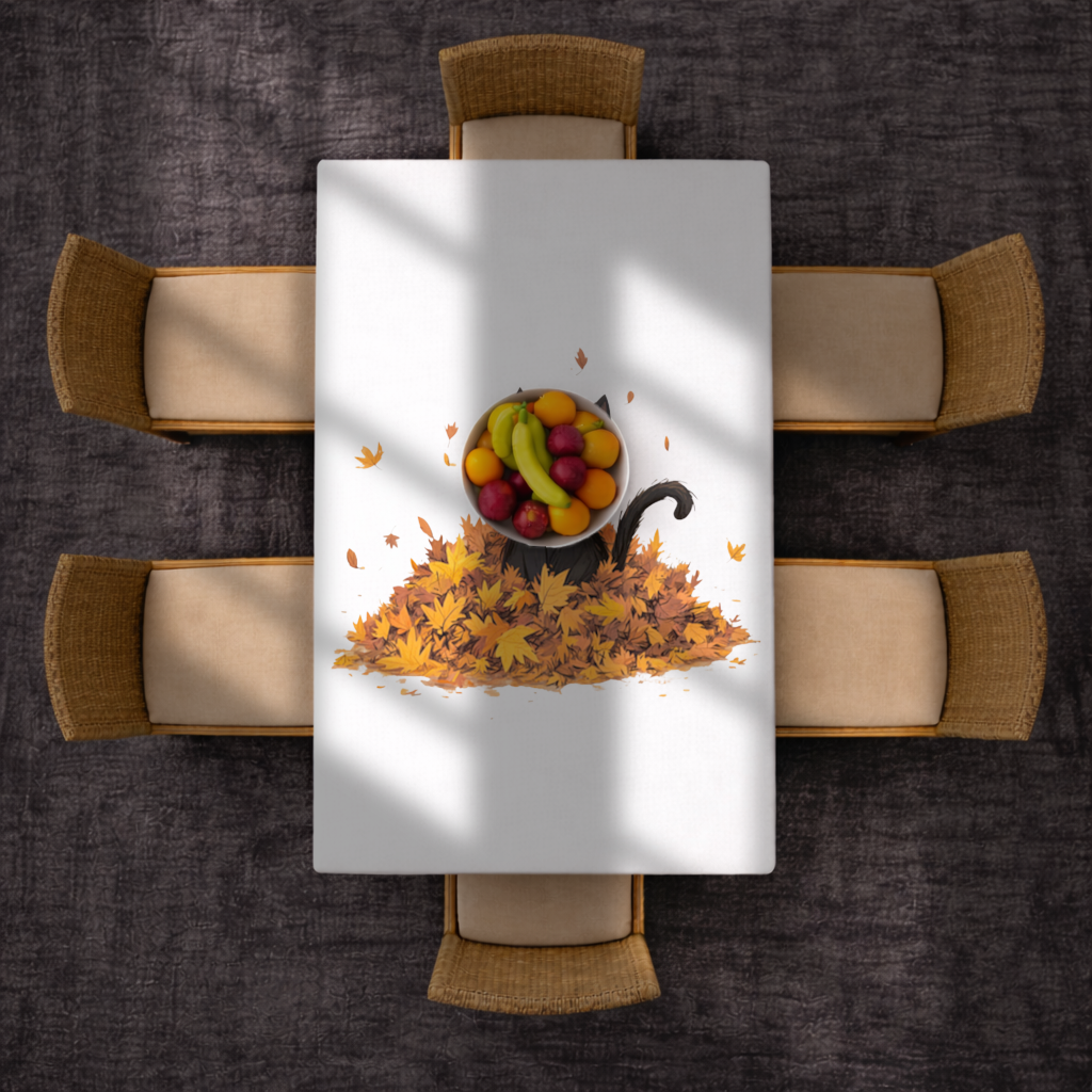 Sonbahar Yapraklarında Sevimli Siyah Kedi Masa Örtüsü