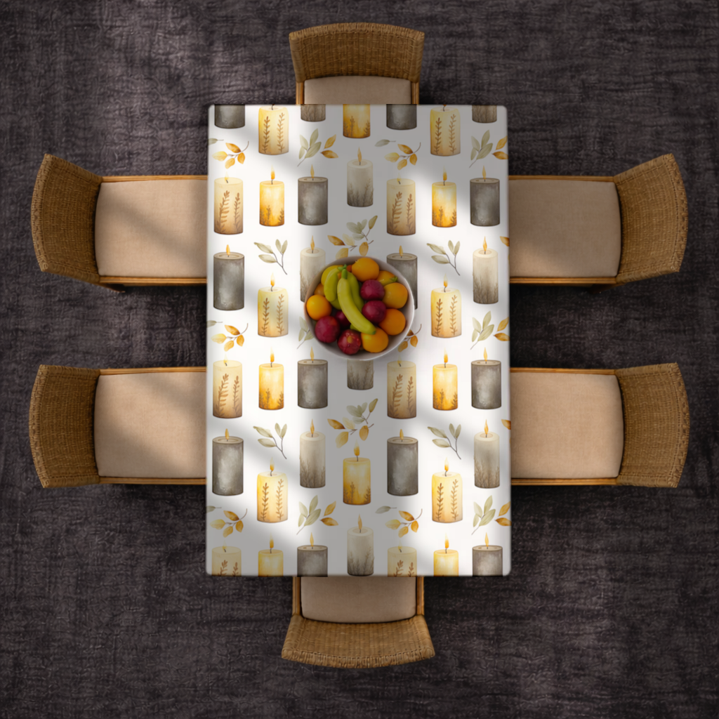 Warm Neutral Autumn Candles and Leaves Rectangular Tablecloth