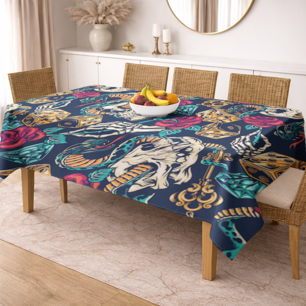 Skull Snake Dice and Roses Pattern Rectangular Tablecloth