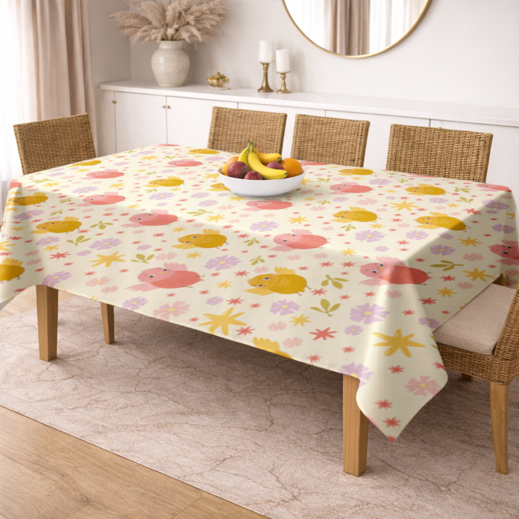 Cute Birds and Floral Pastel Spring Pattern Illustration Rectangular Tablecloth