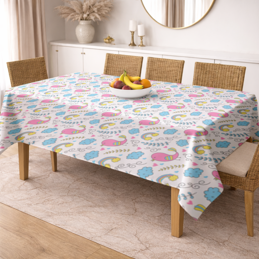 Cute Pink Bird and Rainbow Kids Pattern Rectangular Tablecloth