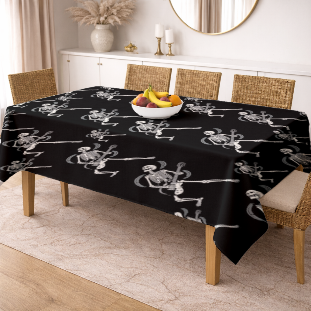 Rock Guitar Playing Skeleton Pattern on Black Rectangular Tablecloth