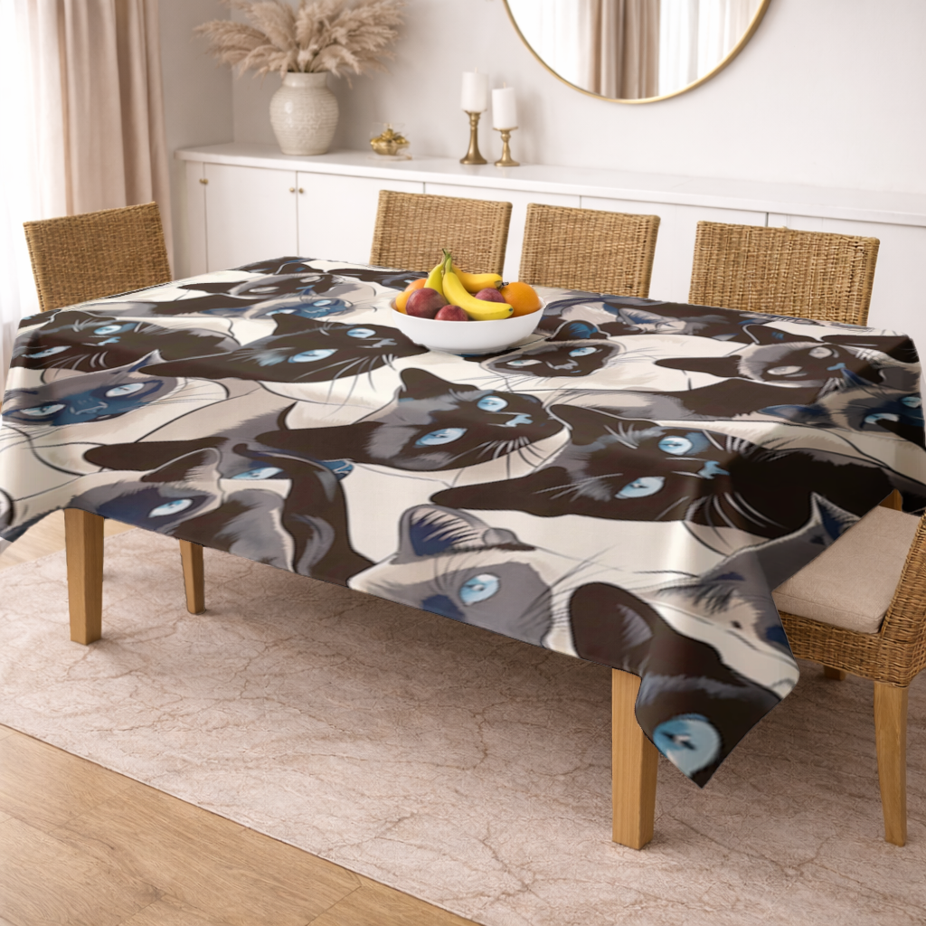 Blue Eyed Siamese Cat Elegant Illustration Pattern Rectangular Tablecloth