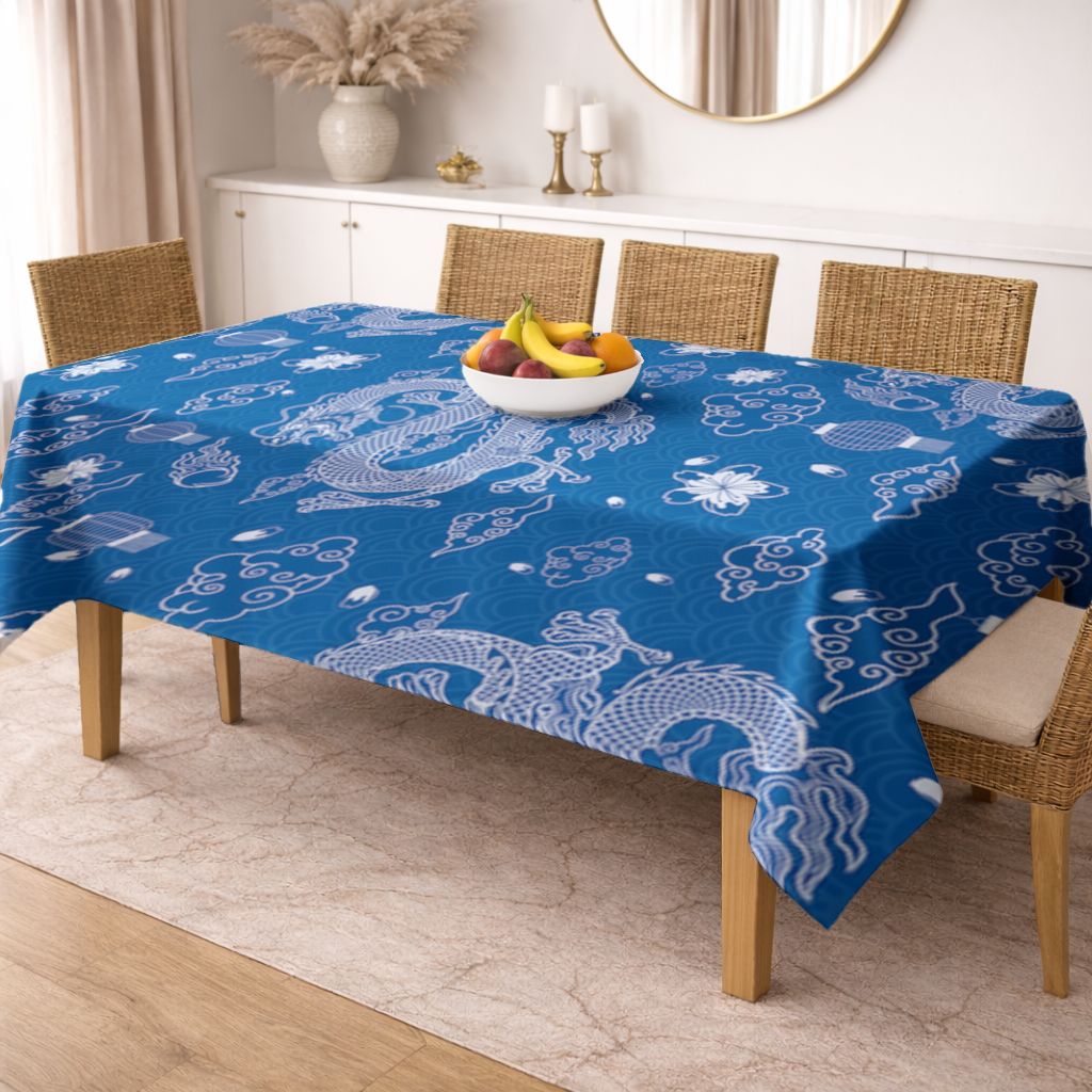 Traditional Dragon Pattern on Blue Background Rectangular Tablecloth