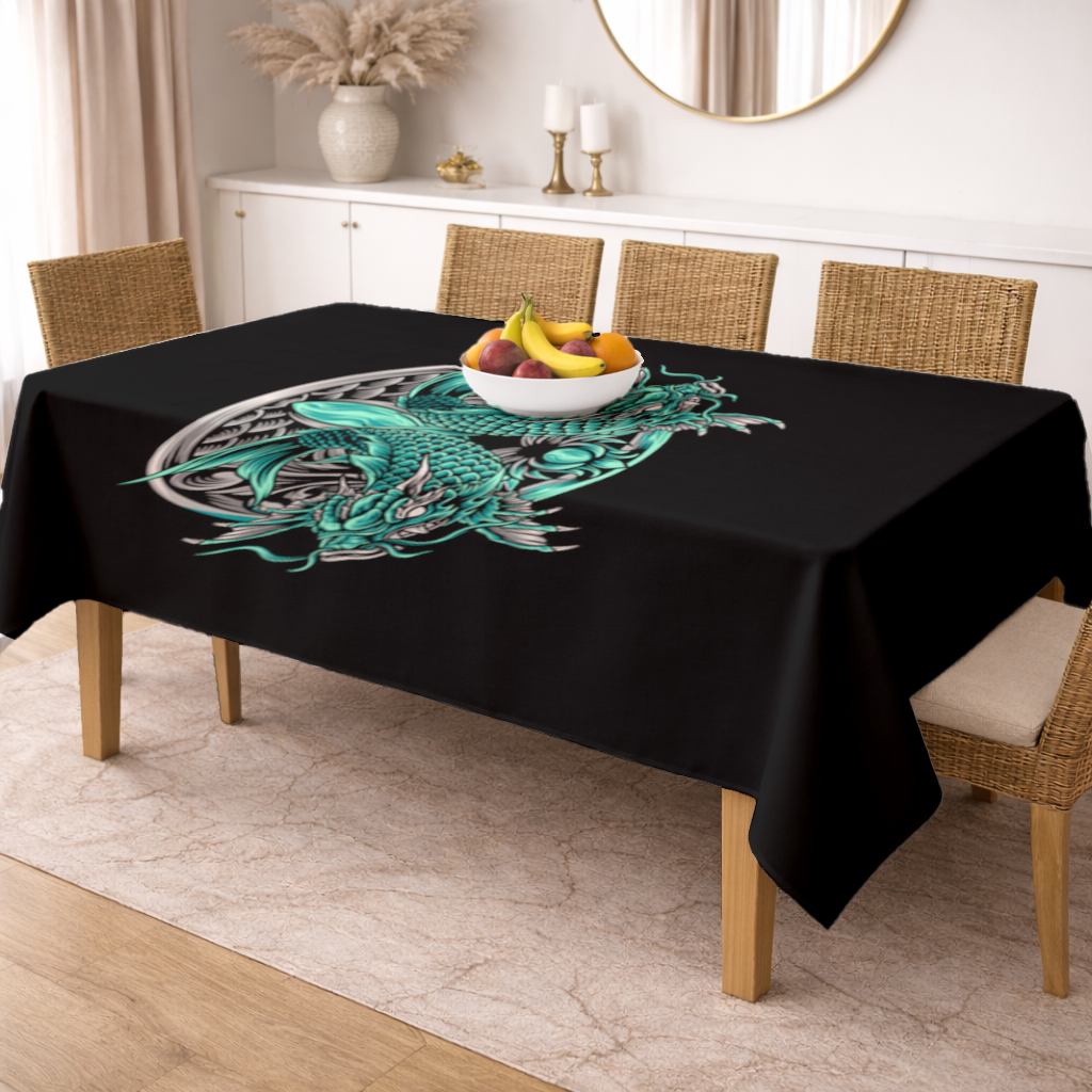 Turkuaz Çift Ejderha Amblem Tasarımı Masa Örtüsü