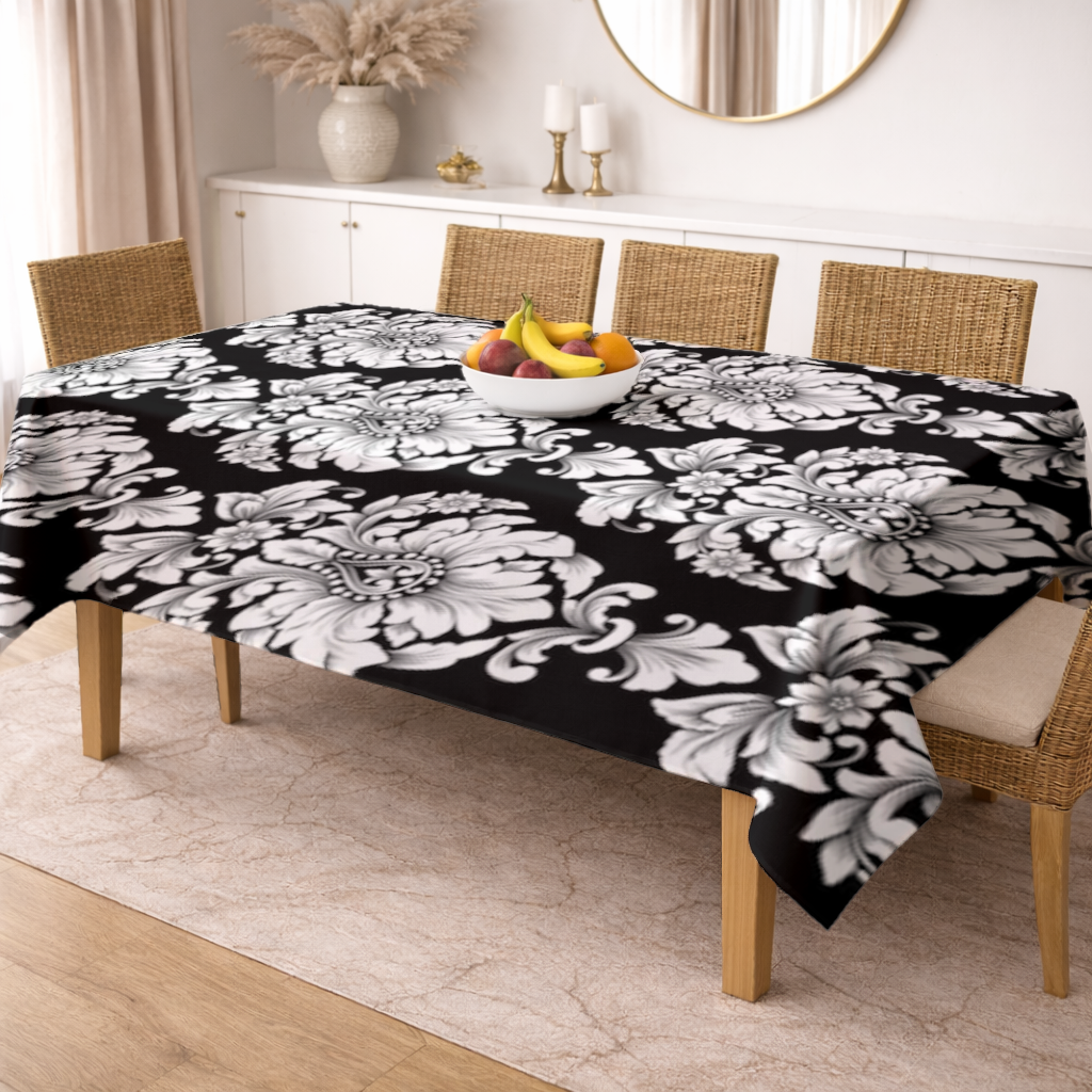 Black and White Baroque Floral Pattern Rectangular Tablecloth
