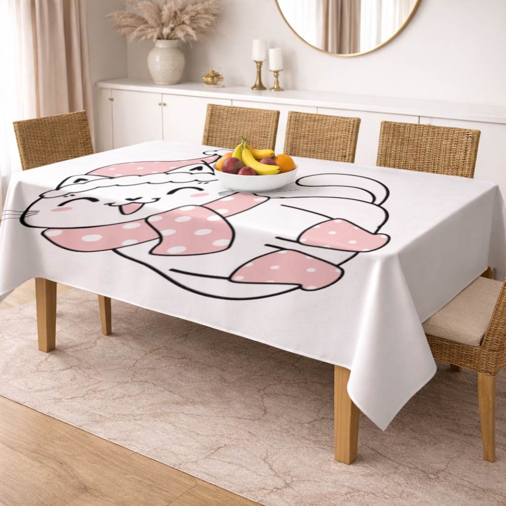 Cute Christmas Cat with Pink Polka Dot Outfit Rectangular Tablecloth