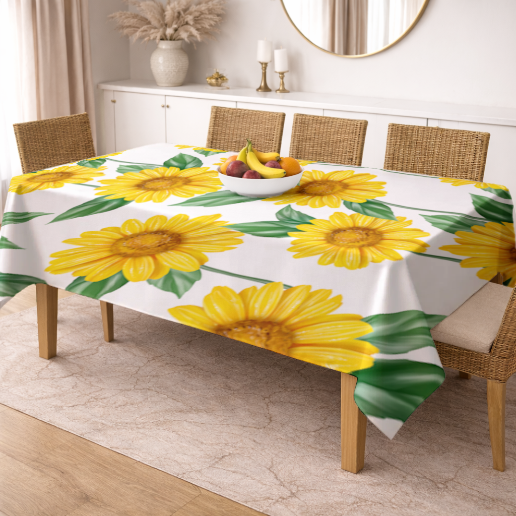 Canlı Sarı Ayçiçeği ve Yeşil Yaprak Desenli İllüstrasyon Masa Örtüsü