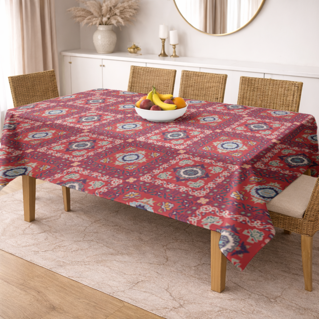 Traditional Kilim Inspired Red Ethnic Geometric Pattern Rectangular Tablecloth