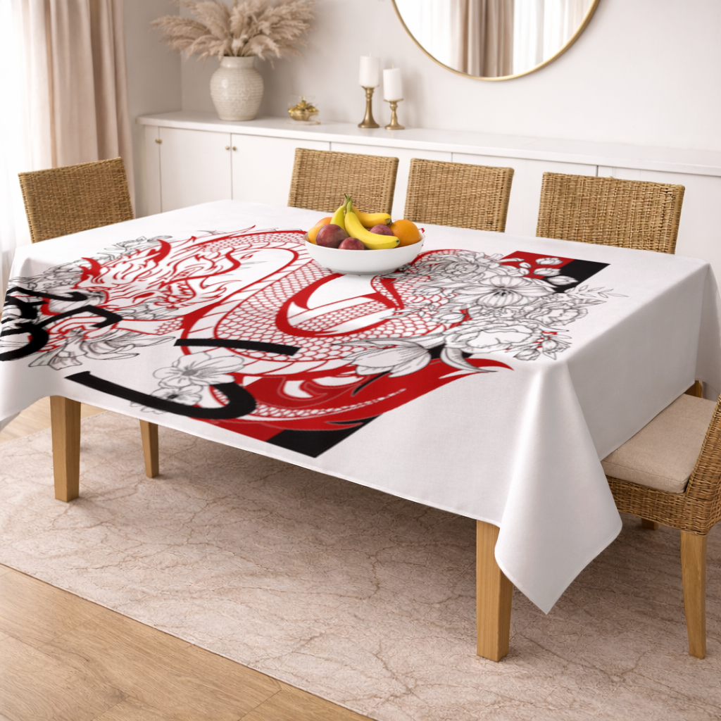 Japanese Dragon with Floral Design Rectangular Tablecloth