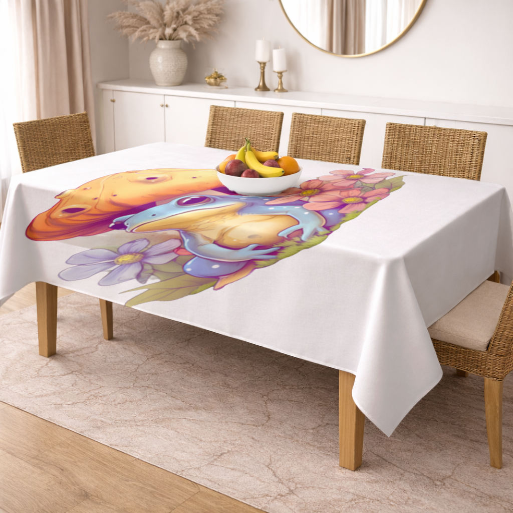 Blue Frog Resting Under Orange Mushroom Rectangular Tablecloth