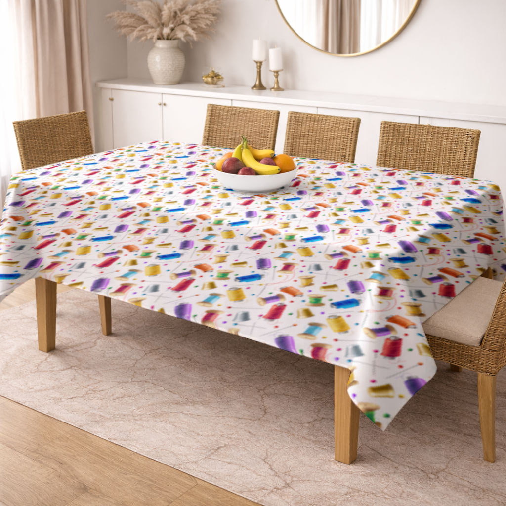 Colorful Thread Spools and Sewing Tools Pattern Rectangular Tablecloth