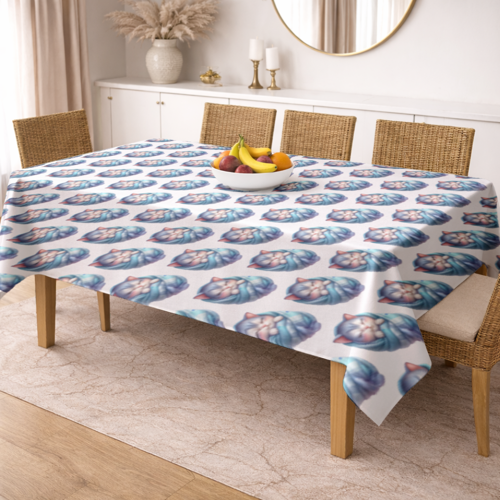 Kawaii Sleeping Kitten in Blue Swaddle Rectangular Tablecloth
